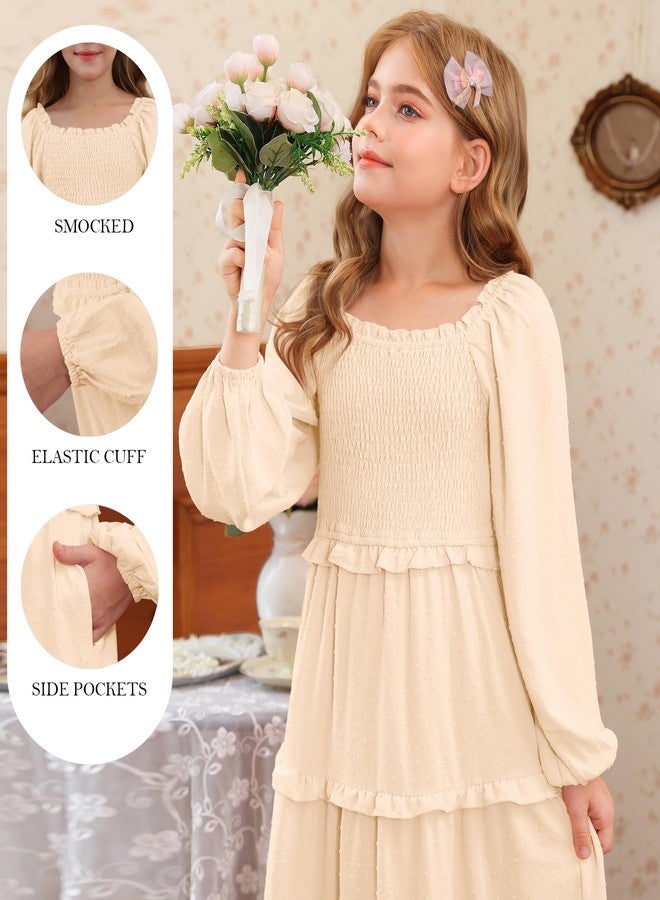 HOSIKA Girls Fall Long Sleeve Swiss Dot Smocked A-Line Ruffle Tiered Flowy Maxi Dress with Pockets 6-12 Years, Apricot, 10 Years - Image 5