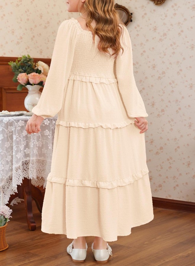 HOSIKA Girls Fall Long Sleeve Swiss Dot Smocked A-Line Ruffle Tiered Flowy Maxi Dress with Pockets 6-12 Years, Apricot, 10 Years - Image 3