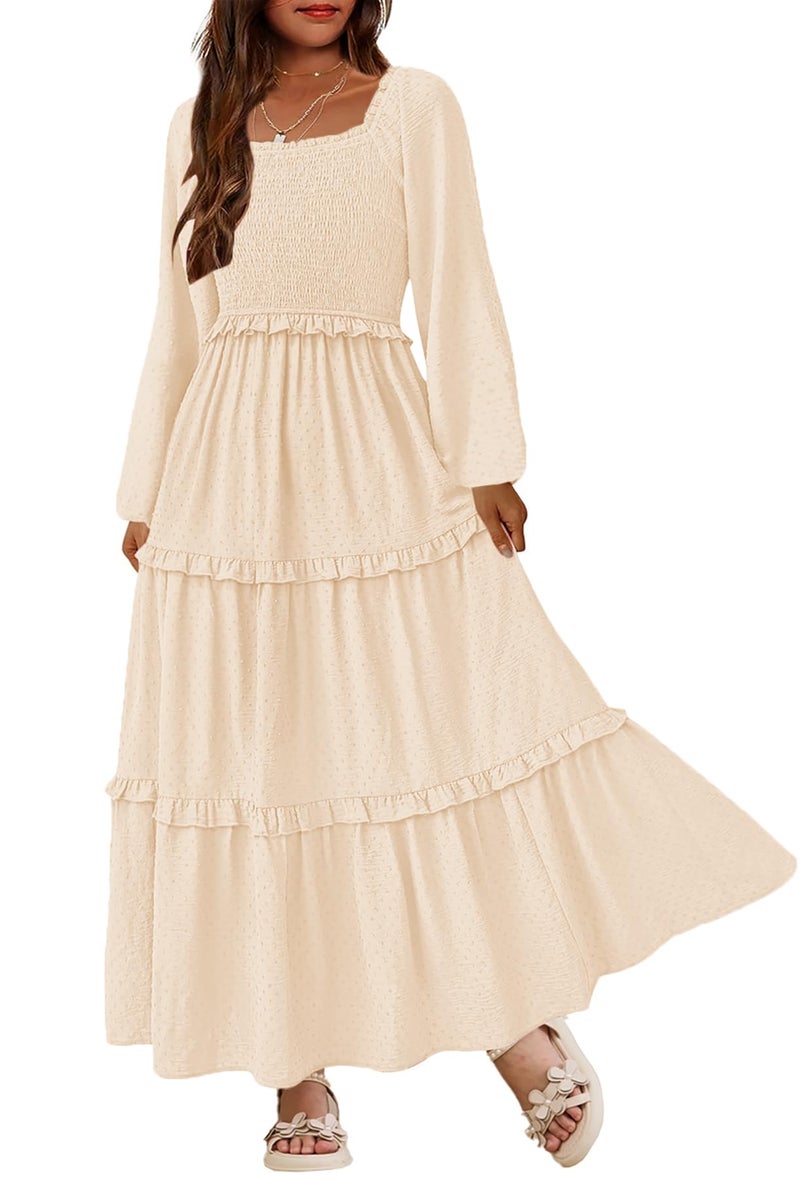 HOSIKA Girls Fall Long Sleeve Swiss Dot Smocked A-Line Ruffle Tiered Flowy Maxi Dress with Pockets 6-12 Years, Apricot, 10 Years - Image 1