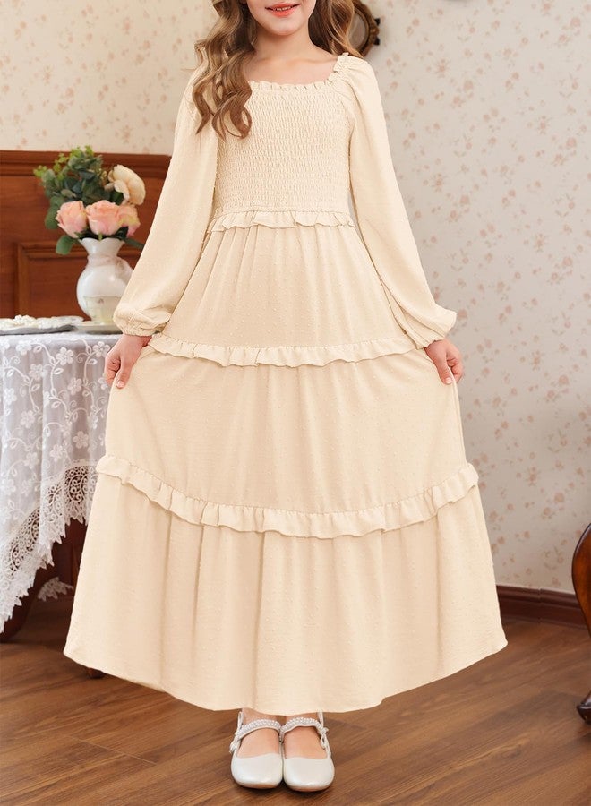 HOSIKA Girls Fall Long Sleeve Swiss Dot Smocked A-Line Ruffle Tiered Flowy Maxi Dress with Pockets 6-12 Years, Apricot, 10 Years - Image 4