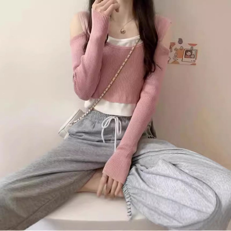 Short Design Niche Knitwear Long-Sleeved Bottoming T-Shirt Off-Shoulder Slim Fake Two-Piece Top