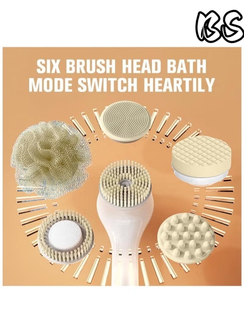 BS Electric Body Brush Set for Showering,Exfoliating Bath Brush Long Handle for Shower Lotion Applicator for Back Silicone Body Scrubber with 6 Shower Brush Heads for Women Men Gifts (White) - Image 3