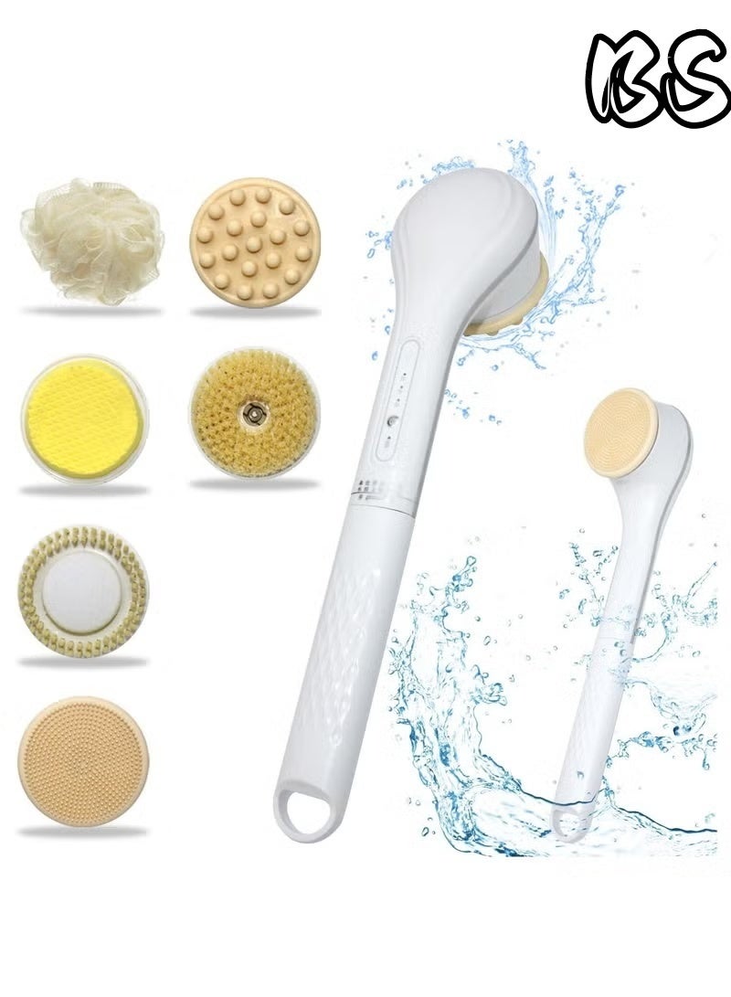 BS Electric Body Brush Set for Showering,Exfoliating Bath Brush Long Handle for Shower Lotion Applicator for Back Silicone Body Scrubber with 6 Shower Brush Heads for Women Men Gifts (White) - Image 1