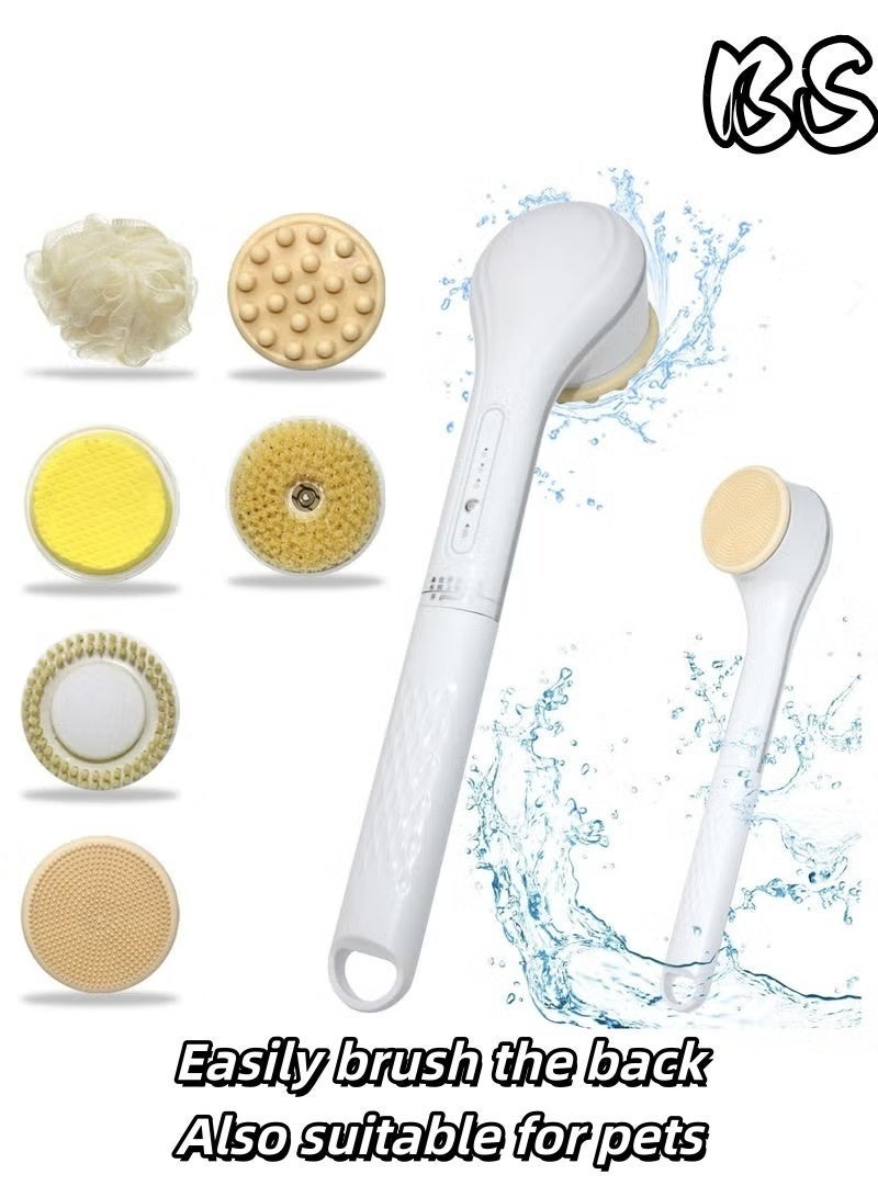 بي إس مجموعة فرشاة استحمام كهربائية متعددة الرؤوس قابلة لإعادة الشحن ومقاومة للماء من بي إس | تتضمن فرشاة استحمام مقشرة بمقبض طويل، وأداة لوضع لوشن الظهر، وفرشاة تنظيف الظهر المصنوعة من السيليكون، وفرشاة تقشير الجسم المصنوعة من السيليكون، بالإضافة إلى 6 رؤوس فرشاة مجانية | مناسبة للرجال والنساء، هدية رائعة (أبيض). - Image 1
