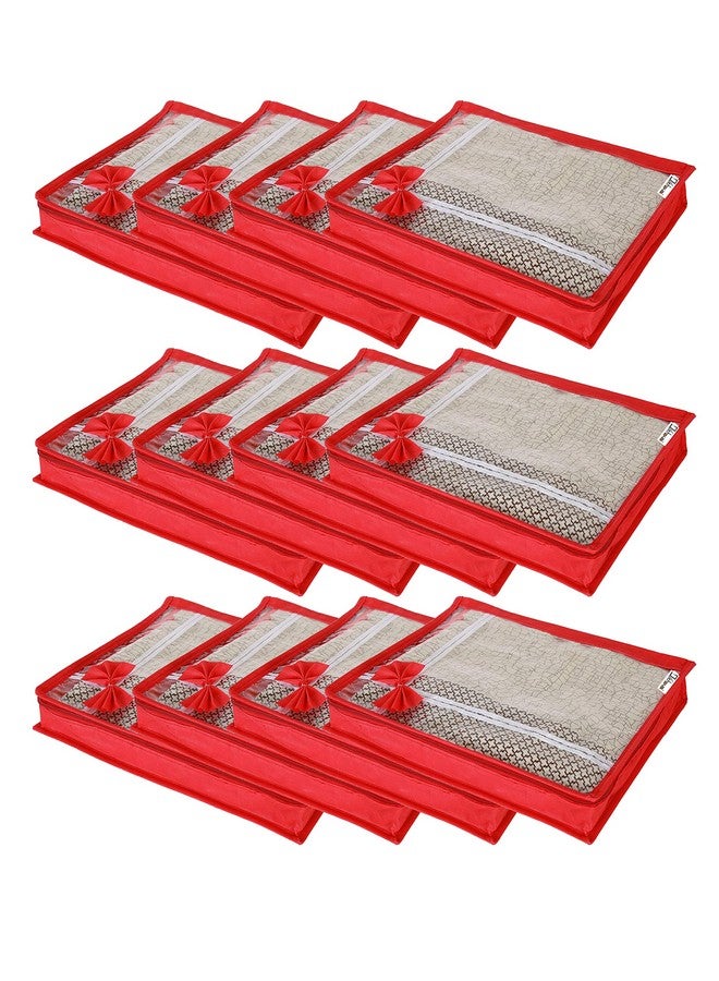 DIKHAWA 12 Piece Transparent View Non Woven Flower Design Attractive bow Saree Cover Storage Bags, Cloth Cover, 80gsm fabric (17X13X3 IN_RED) - Image 1