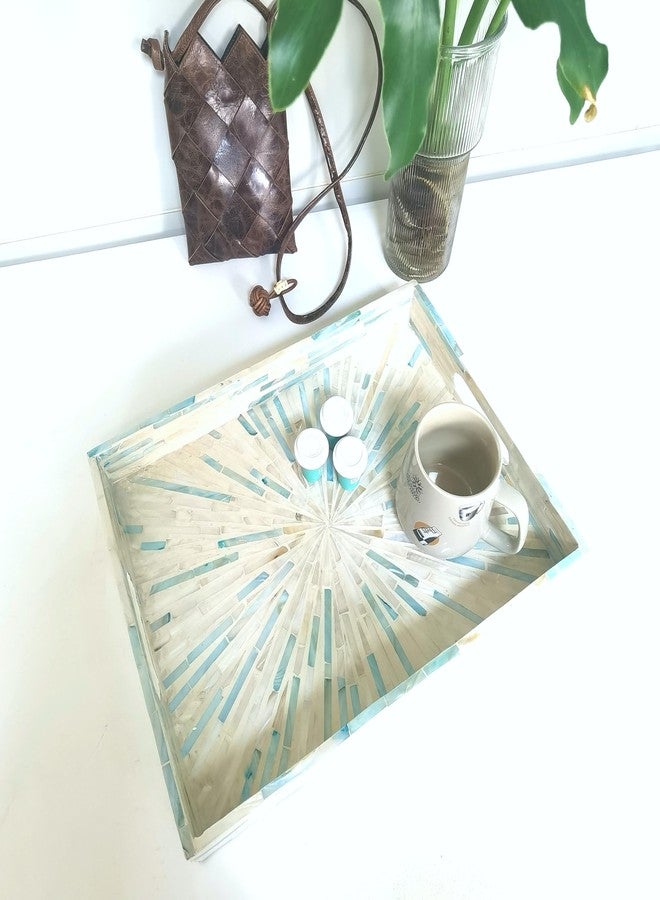 i-lan Blue Mother of Pearl Tray - 16" Rectangular Shell Inlay Serving Tray with Handles - Decorative Ottoman Tray for Coffee Table, Handcrafted Nacre Vanity Organizer - Image 5