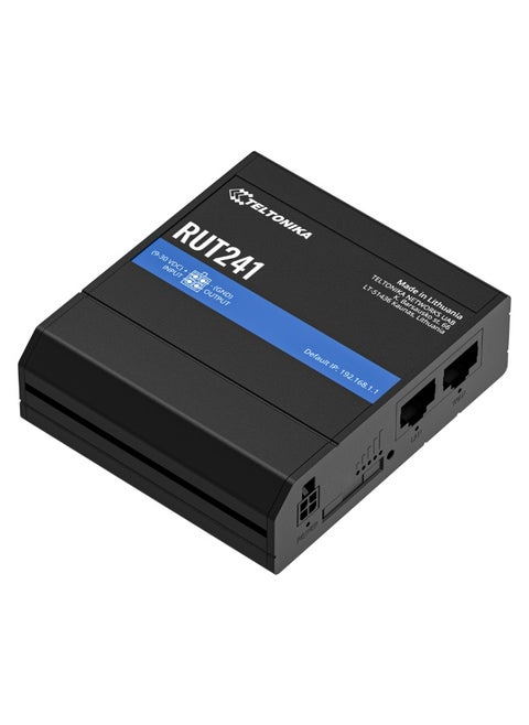 TELTONIKA RUT241 Industrial Cellular Router, LTE Cat 4, 150 Mbps, 2.4 GHz Wi-Fi, 2x RJ45 Fast Ethernet, WAN Failover, Digital I/O, RMS, Black | RUT241