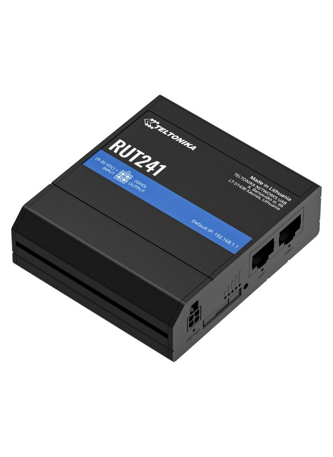 TELTONIKA RUT241 Industrial Cellular Router, LTE Cat 4, 150 Mbps, 2.4 GHz Wi-Fi, 2x RJ45 Fast Ethernet, WAN Failover, Digital I/O, RMS, Black | RUT241