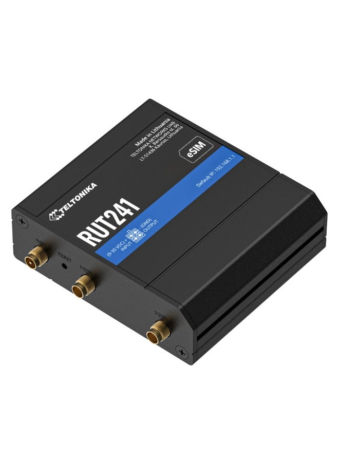 TELTONIKA RUT241 Industrial Cellular Router, LTE Cat 4, 150 Mbps, 2.4 GHz Wi-Fi, 2x RJ45 Fast Ethernet, WAN Failover, Digital I/O, RMS, Black | RUT241