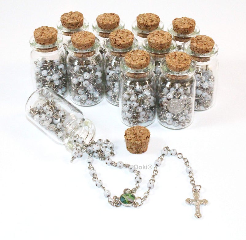 Ooki 12 pcs Angel Guardian Rosary In Glass Jar Bottle Beads White Beaded Rosary Silver CATHOLIC Crucifix Necklace Virgin Mary lot of 12 - Image 1