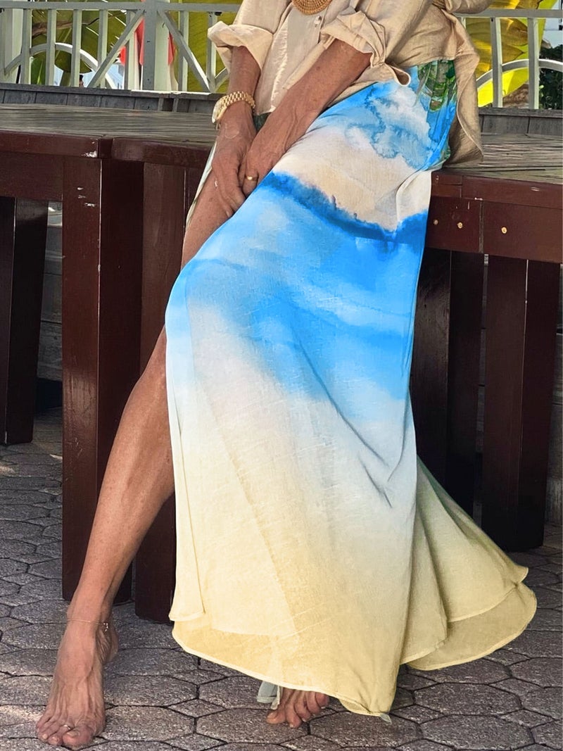 Women Beach Skirts Printed High Waist Irregular Slit Summer Skirts - Image 4