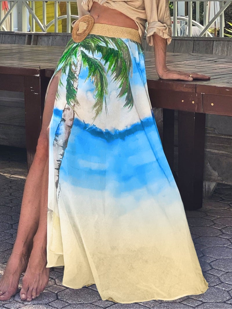 Women Beach Skirts Printed High Waist Irregular Slit Summer Skirts - Image 3