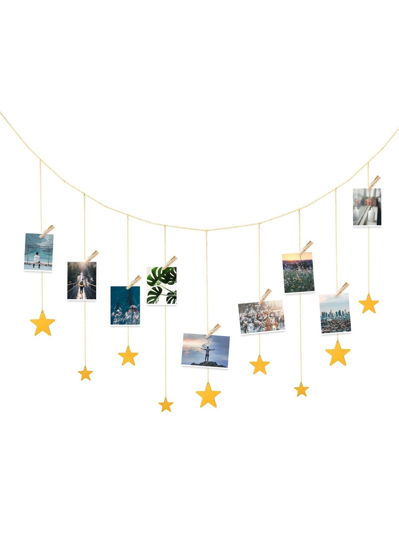 Excefore Hanging Photo Display, Boho Decor Wooden Stars Garland with Metal Chains Picture Frame Collage with 30 Wood Clips for Teen Girl Room, Bedroom, Dorm, Home, Party Decor (200 cm) - Image 1
