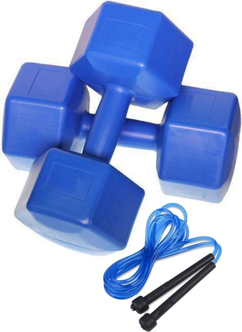 Double 10KG x 2 Dumbbell and Jump Rope Combination Set Vinyl Coated Dumbell Blue