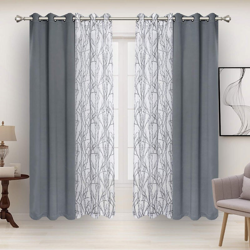 BONZER Mix and Match Curtains - 2 Pieces Branch Print Sheer Curtains and 2 Pieces Blackout Curtains for Bedroom Living Room Grommet Window Drapes, 37x63 Inch/Panel, Light Grey, Set of 4 Panels - Image 1