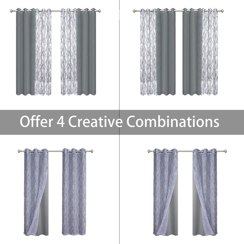 BONZER Mix and Match Curtains - 2 Pieces Branch Print Sheer Curtains and 2 Pieces Blackout Curtains for Bedroom Living Room Grommet Window Drapes, 37x63 Inch/Panel, Light Grey, Set of 4 Panels - Image 4