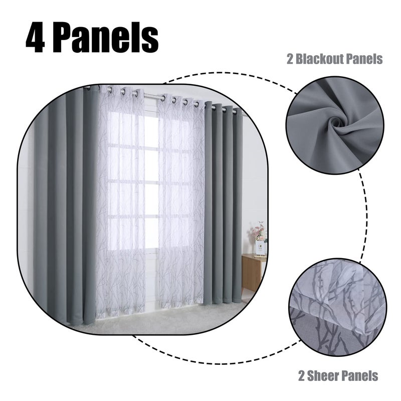 BONZER Mix and Match Curtains - 2 Pieces Branch Print Sheer Curtains and 2 Pieces Blackout Curtains for Bedroom Living Room Grommet Window Drapes, 37x63 Inch/Panel, Light Grey, Set of 4 Panels - Image 5