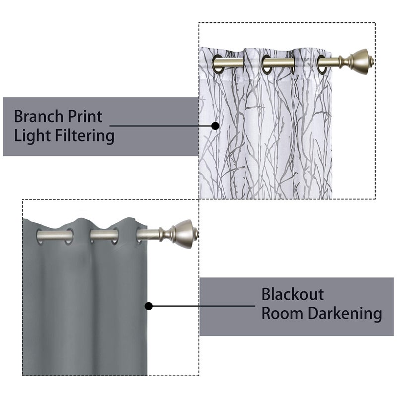 BONZER Mix and Match Curtains - 2 Pieces Branch Print Sheer Curtains and 2 Pieces Blackout Curtains for Bedroom Living Room Grommet Window Drapes, 37x63 Inch/Panel, Light Grey, Set of 4 Panels - Image 3