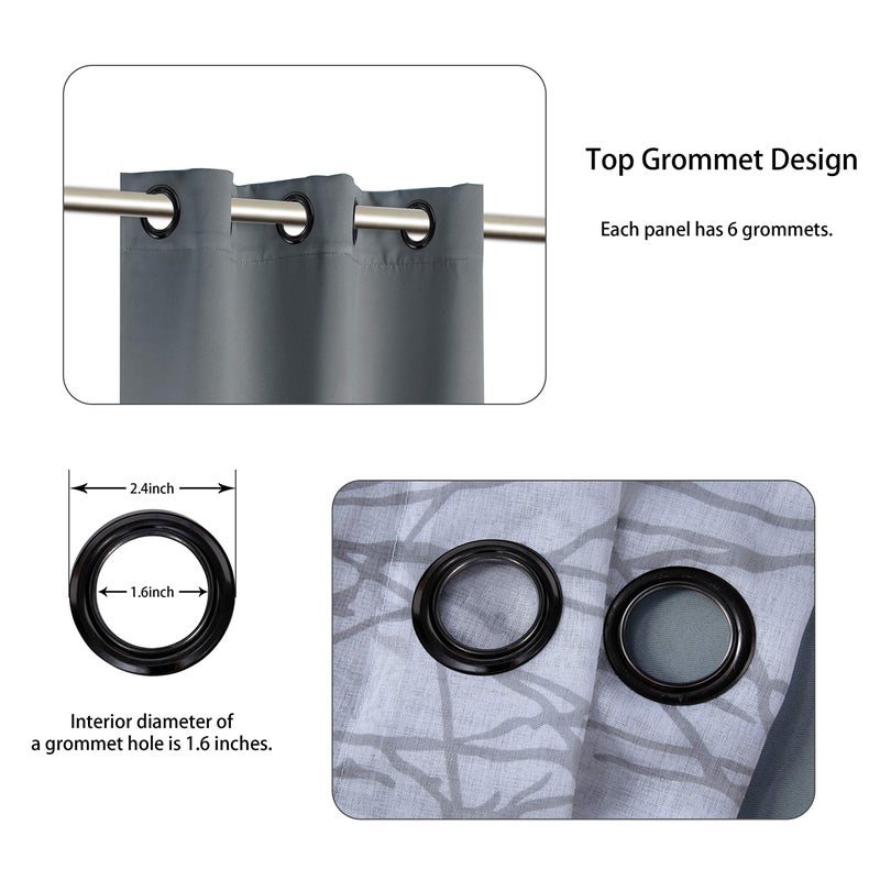 BONZER Mix and Match Curtains - 2 Pieces Branch Print Sheer Curtains and 2 Pieces Blackout Curtains for Bedroom Living Room Grommet Window Drapes, 37x63 Inch/Panel, Light Grey, Set of 4 Panels - Image 2