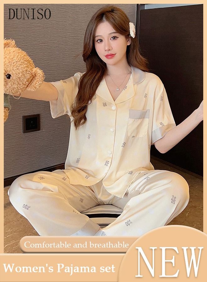 DUNISO 2-piece Women' s Pajama Sets Silk Satin Sleepwear Sweet Loungewear Nightwear Long Sleeve Notch Neck Shirt with Button Down and Waist Elastic Pants Pajama Set for Women Ladies Grils - Image 1
