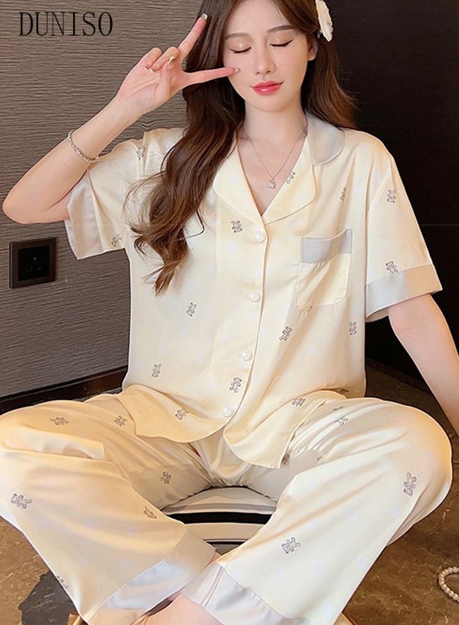 DUNISO 2-piece Women' s Pajama Sets Silk Satin Sleepwear Sweet Loungewear Nightwear Long Sleeve Notch Neck Shirt with Button Down and Waist Elastic Pants Pajama Set for Women Ladies Grils - Image 5