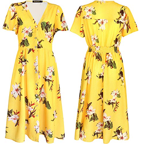ROYLAMP Women's Floral Button Up Split V Neck Short Sleeve Casual Flowy Midi Dress with Pockets Yellow Floral L - Image 5