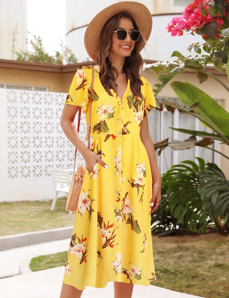 ROYLAMP Women's Floral Button Up Split V Neck Short Sleeve Casual Flowy Midi Dress with Pockets Yellow Floral L - Image 3