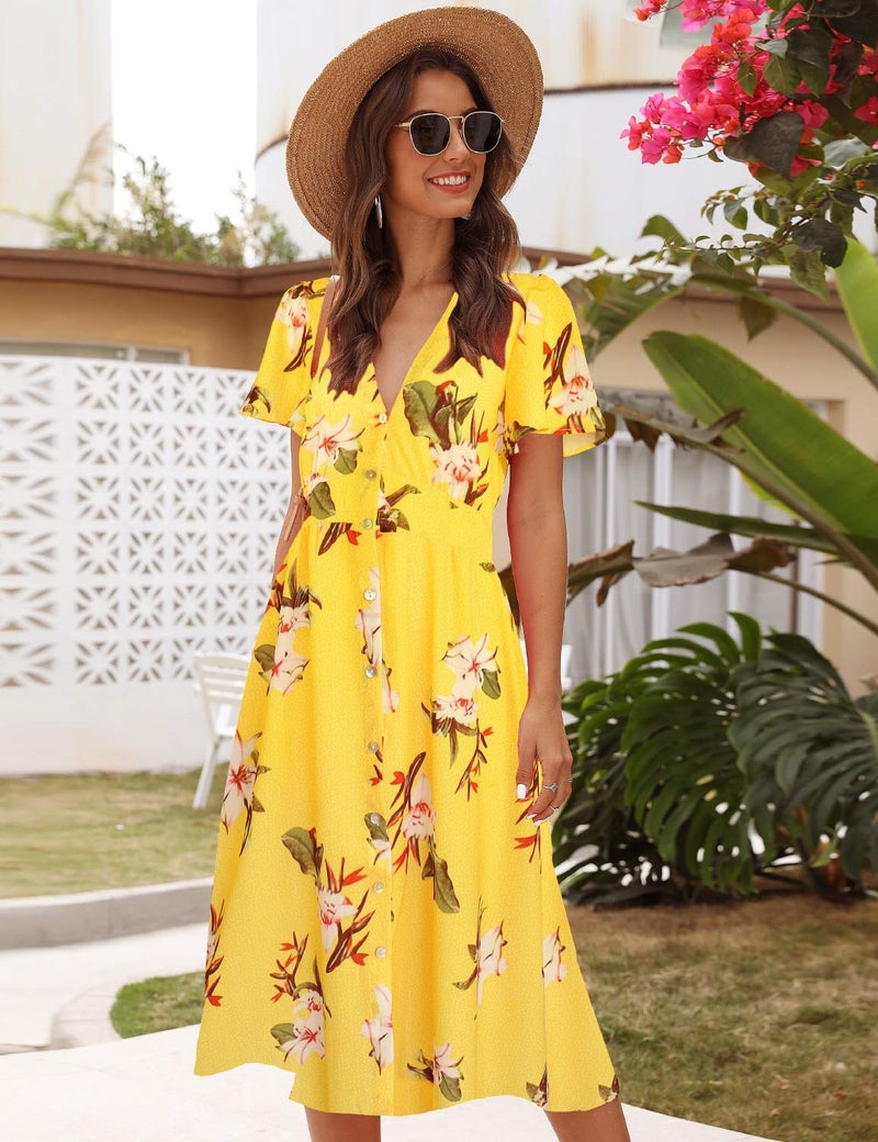 ROYLAMP Women's Floral Button Up Split V Neck Short Sleeve Casual Flowy Midi Dress with Pockets Yellow Floral L - Image 4