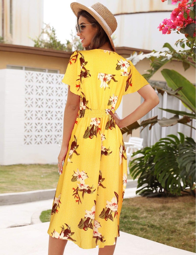 ROYLAMP Women's Floral Button Up Split V Neck Short Sleeve Casual Flowy Midi Dress with Pockets Yellow Floral L - Image 2