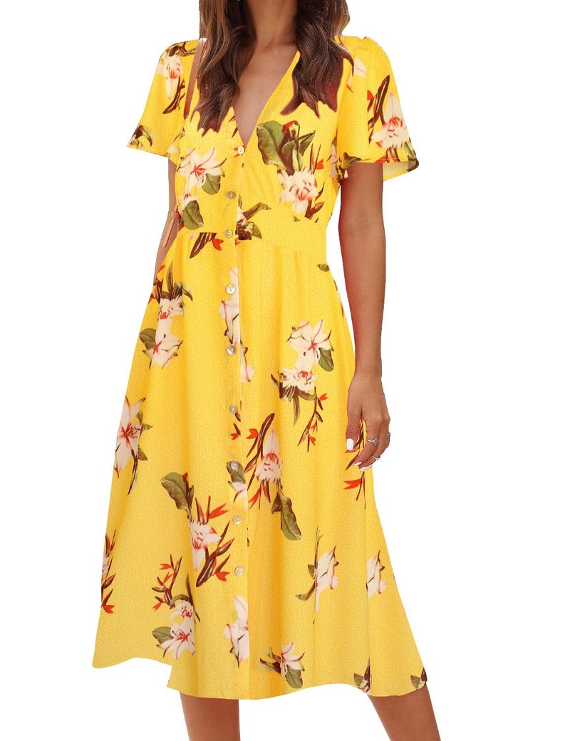 ROYLAMP Women's Floral Button Up Split V Neck Short Sleeve Casual Flowy Midi Dress with Pockets Yellow Floral L - Image 1
