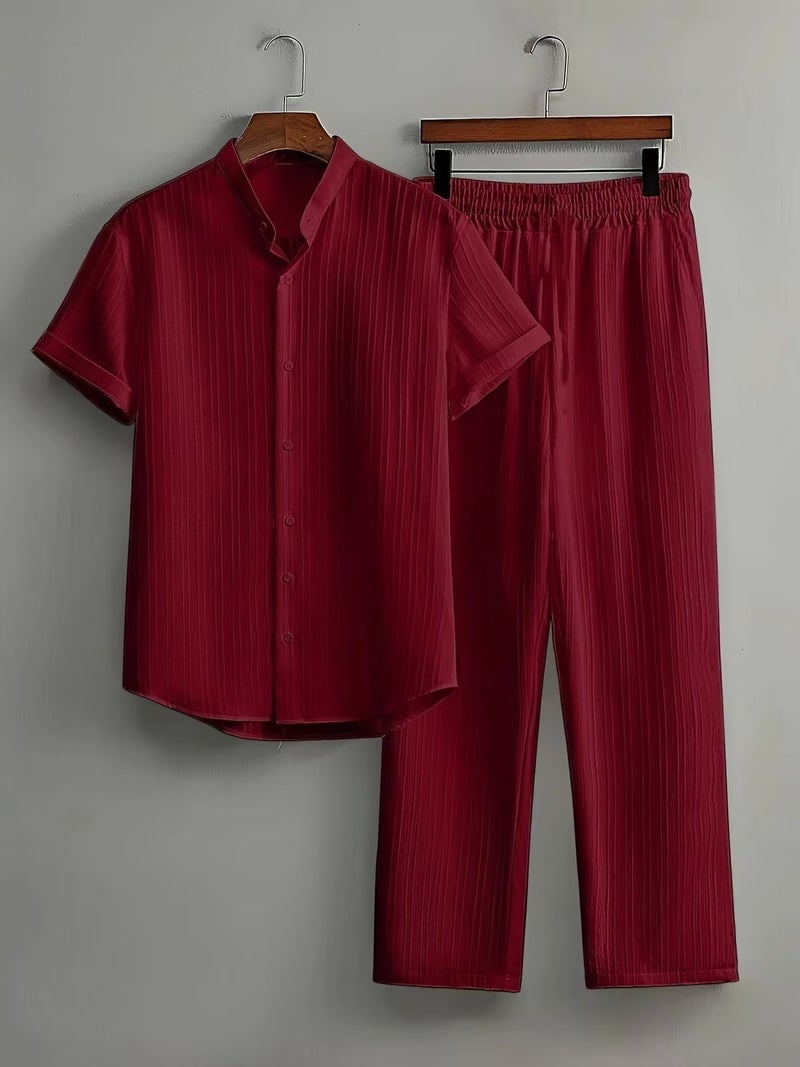 Men's Casual Multi-Color Beachwear Bamboo Wrinkled Short-Sleeved Suit Two-Piece Set