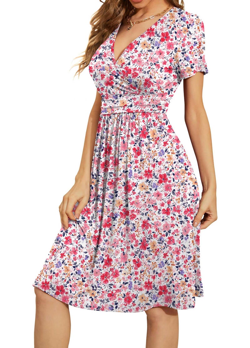 WEACZZY Beach Vacation Clothes Floral Sundress Wrap V Neck Flowy Summer Dresses 2026 Midi Dress,Magenta Floral,Medium - Image 2