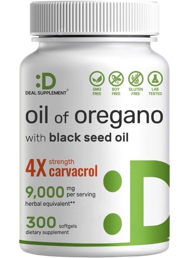 DEAL SUPPLEMENT زيت الأوريجانو المكملات الغذائية في كبسولات لينة مع زيت الحبة السوداء، 9,000 ملغ لكل حصة، 300 حبة – مستخلص 30:1، كارفاكرول نشط وثيموكينون – دعم صحة المناعة المضادة للأكسدة – نباتي، خالي من الكائنات المعدلة وراثيًا - Image 1