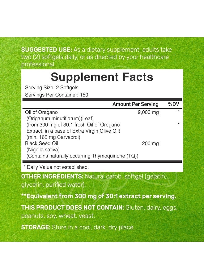 DEAL SUPPLEMENT زيت الأوريجانو المكملات الغذائية في كبسولات لينة مع زيت الحبة السوداء، 9,000 ملغ لكل حصة، 300 حبة – مستخلص 30:1، كارفاكرول نشط وثيموكينون – دعم صحة المناعة المضادة للأكسدة – نباتي، خالي من الكائنات المعدلة وراثيًا - Image 2