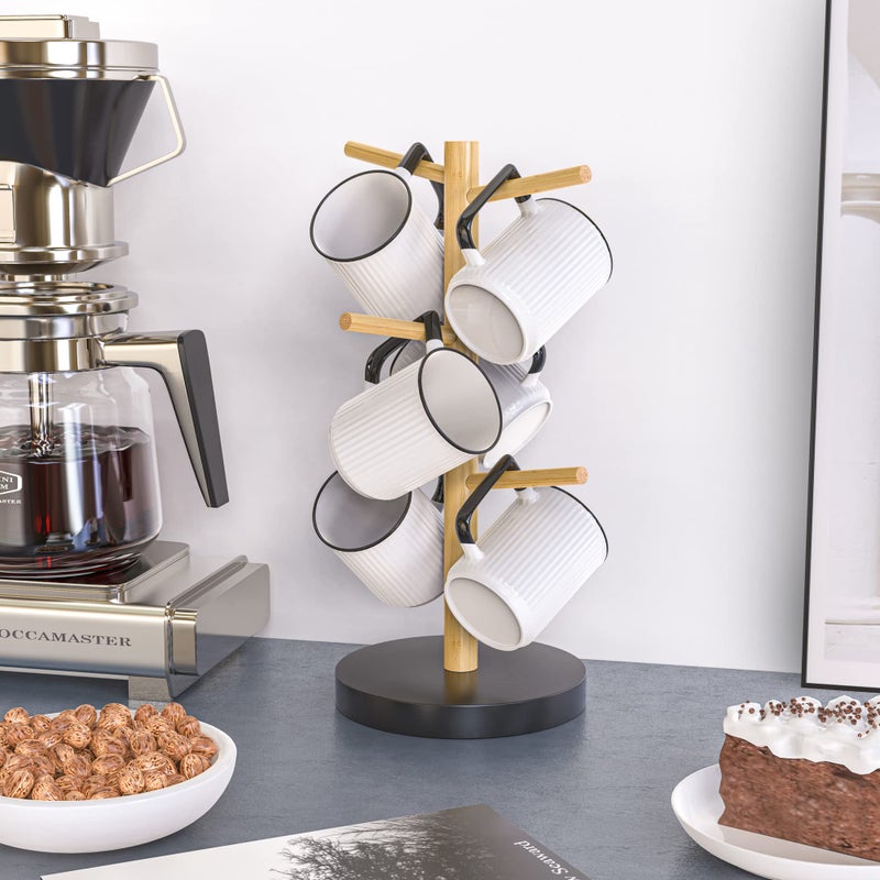 Wisuce Bamboo Mug Holder Tree, Thicker Base Coffee Cup Holder Stand for Counter, Mug Rack with 6 Hooks - Image 3