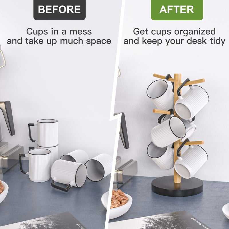 Wisuce Bamboo Mug Holder Tree, Thicker Base Coffee Cup Holder Stand for Counter, Mug Rack with 6 Hooks - Image 4