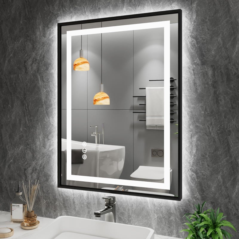 مرآة حمام LED Amorho 24x 32 بإطار أسود مع ضوء أمامي وإضاءة خلفية قابلة للتعتيم بدون بخار ومضادة للكسر بذاكرة 3 ألوان مرآة تجميل مزدوجة LED