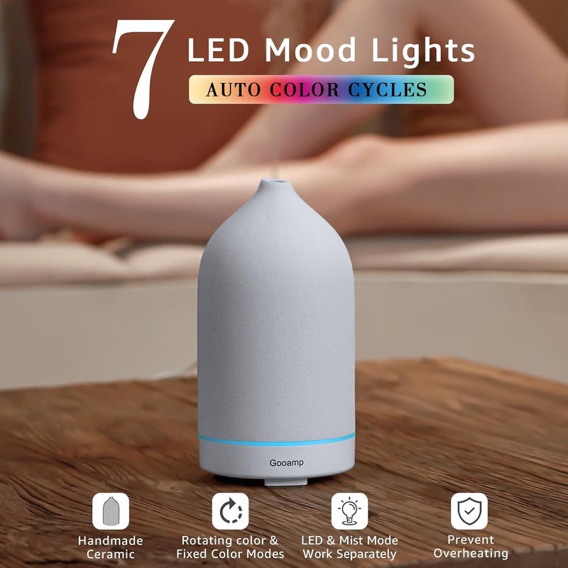 موزع زيت عطري سيراميكي سعة 200 مل من Gooamp - علاج عطري بالموجات فوق الصوتية ومرطب مع أضواء LED بـ 7 ألوان، إيقاف تلقائي، TC-200ML-أبيض، مؤقت 1 ساعة/3 ساعات/6 ساعات | عطر للمنزل، المكتب، اليوغا - Image 3