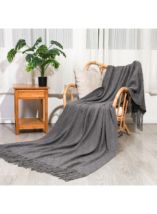 JZS Knitted Throw Blankets, Soft Cozy Knit Woven Blanket, Lightweight Decorative Farmhouse Warm Blanket with Tassel for Chair Bed Sofa Travel, Suitable for All Seasons(Grey, 127x127cm&130x127cm) - Image 1