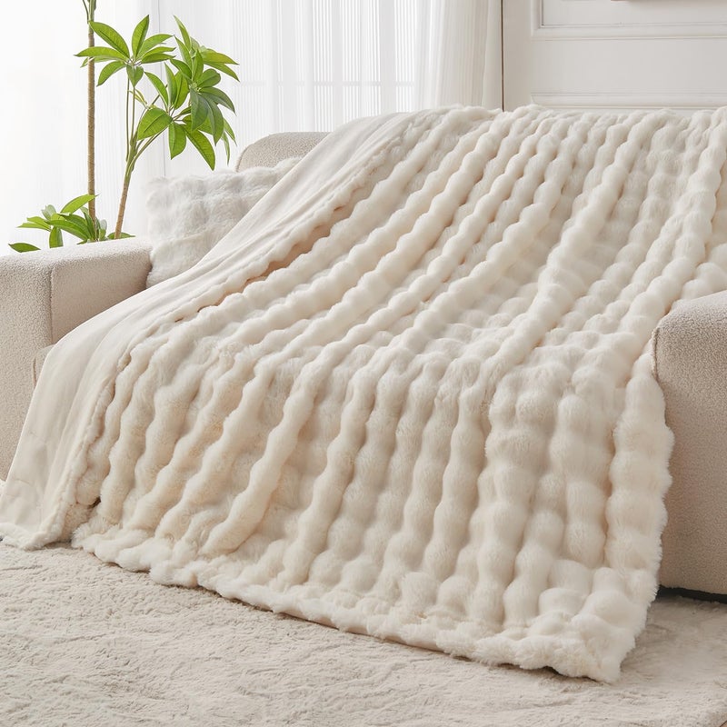 Lotus Karen Lotus Karen King Size Faux Fur Blanket Cream White - Big Bubble Rabbit Fluff Blanket for Bed  Large Fluffy Fuzzy Cozy Blanket  Thick Furry Plush Shaggy Blankets  108x90 Inches  - Image 3