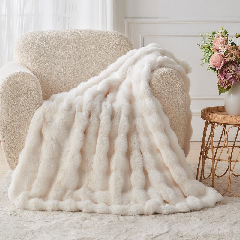 Lotus Karen Lotus Karen King Size Faux Fur Blanket Cream White - Big Bubble Rabbit Fluff Blanket for Bed  Large Fluffy Fuzzy Cozy Blanket  Thick Furry Plush Shaggy Blankets  108x90 Inches  - Image 1