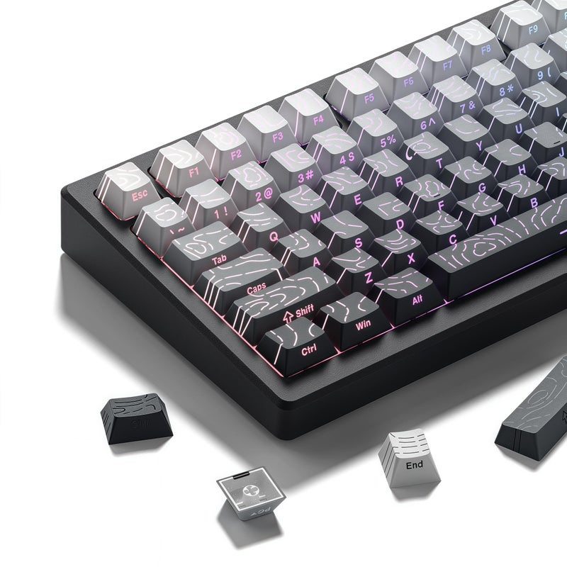 dagaladoo White/Grey Topographic keycap Sets Line Backlit Gradient keycaps Shine Through Keyboard Keys Side Printed Key caps Cherry Profile for 61/64/66/68/71/75/84/87 Mechanical Keyboards - Image 1