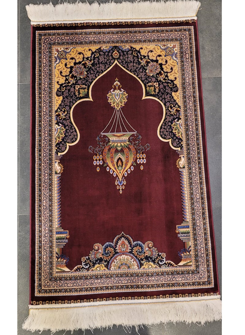 سجادة صلاة إيرانية 100٪ حرير 80x130 سم لون كستنائي غامق  - Image 1