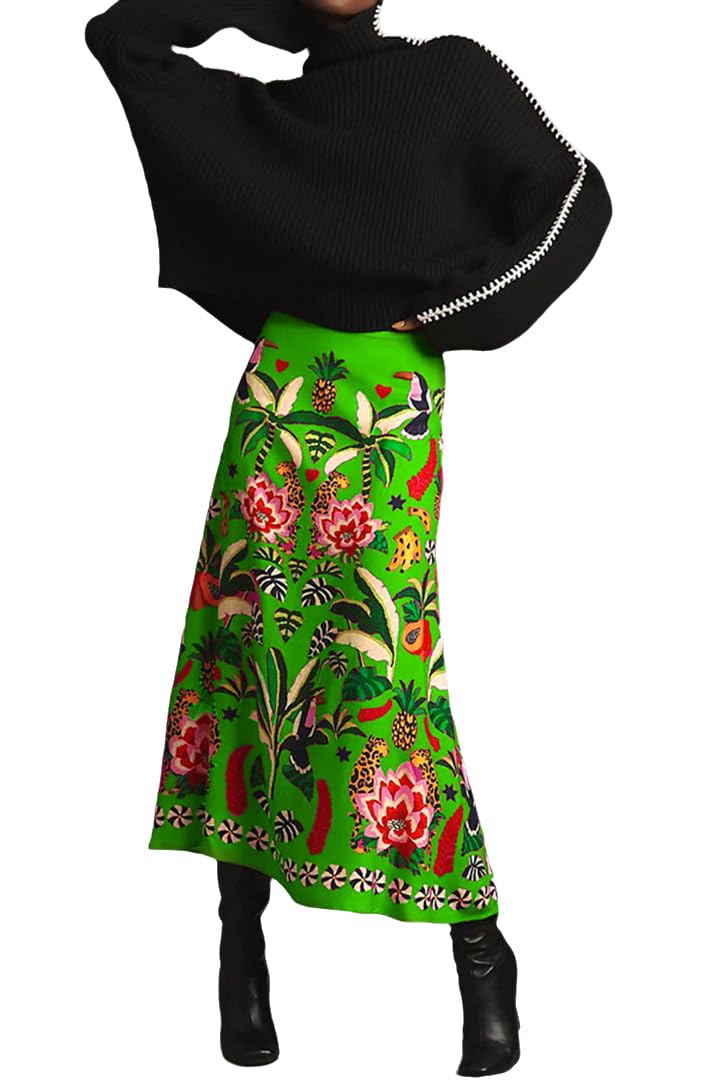 THLAI Womens Skirt Midi Skirt Tropical Plant Print Pink Zipper A-Line Long Skirts Spring Summer Skirt Floral - Image 1