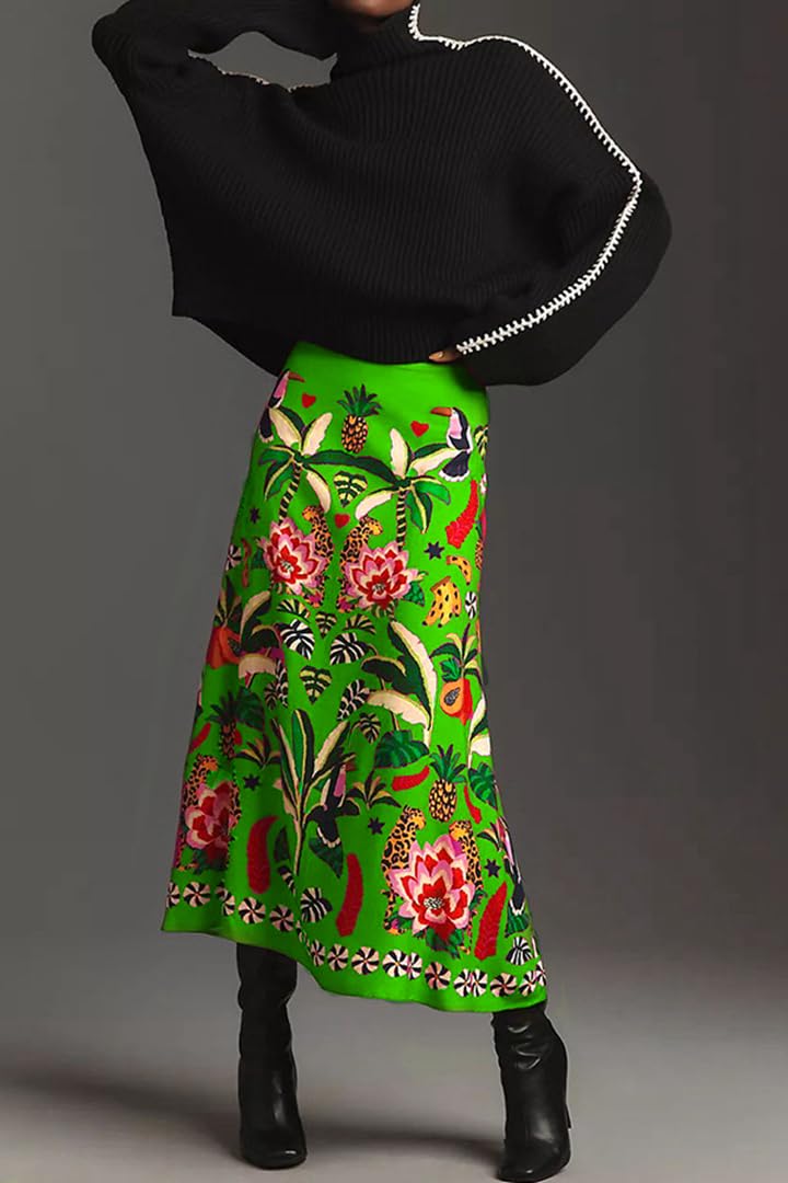 THLAI Womens Skirt Midi Skirt Tropical Plant Print Pink Zipper A-Line Long Skirts Spring Summer Skirt Floral - Image 3