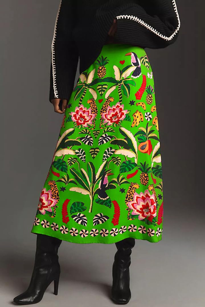 THLAI Womens Skirt Midi Skirt Tropical Plant Print Pink Zipper A-Line Long Skirts Spring Summer Skirt Floral - Image 2