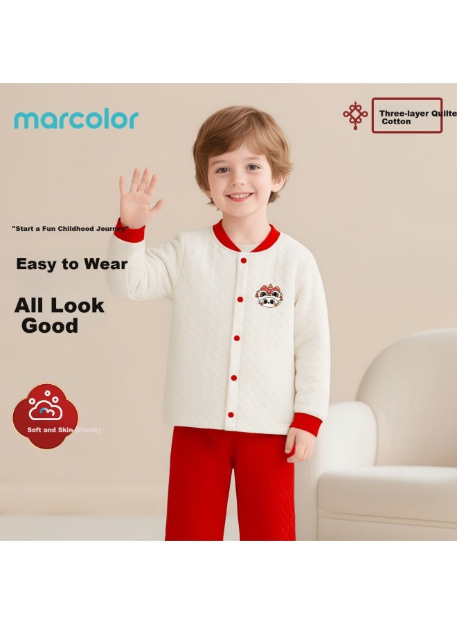 Makalé Spring And Autumn Infant Toddler Air Cotton Homewear Set Thickened Warm Casual Outfits Apricot 80