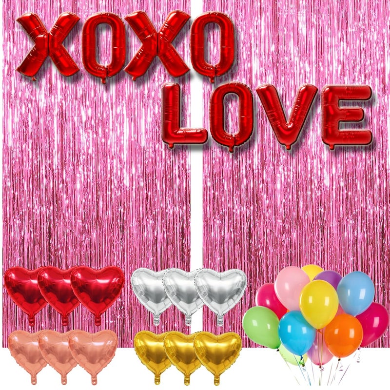 WOHOHOHO 72Pcs Valentine's Day Decorations Kit, Pink Foil Curtain Tinsel Backdrop, LOVE & XOXOX Banner, 3 Colors Heart-Shaped Balloons with 50Pcs Colorful Balloons Valentine Party Decor for Women Man - Image 1