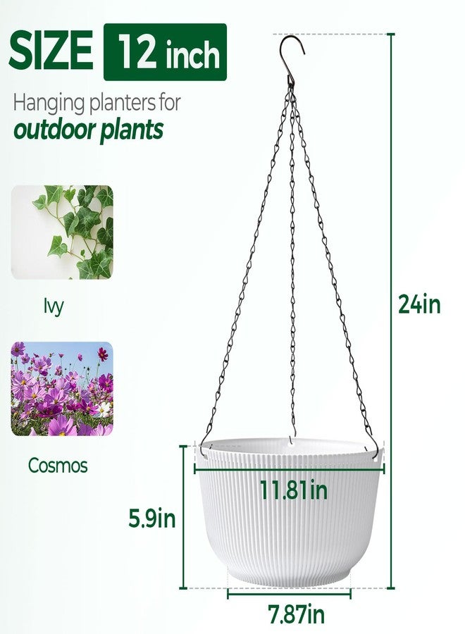 T4U 12 Inch Large Hanging Planters for Outdoor Plants, 2 Pack Self Watering Hanging Pots Indoor, Hanging Baskets for Plants,Hanging Flower Pot with Drainage Hole and Plant Hanger, White - Image 2