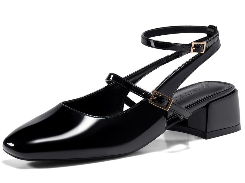 Coutgo Womens Mary Jane Chunky Low Heels Closed Square Toe Ankle Strap Pumps Wedding Party Dress Shoes, Black, Size 7.5 - Image 1